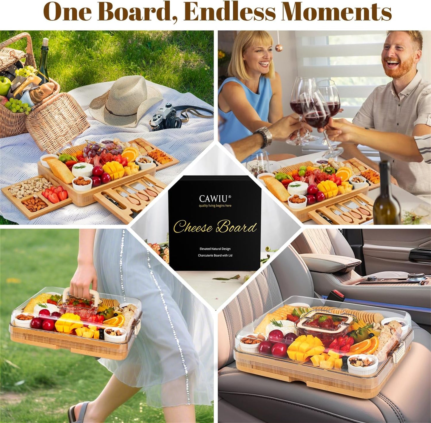 CAWIU Charcuterie Board with Lid – Large Bamboo Cheese Board Set with Utensils & Drawers – Housewarming, Wedding Gifts for Couples, Serving Tray with Cover (Cream)