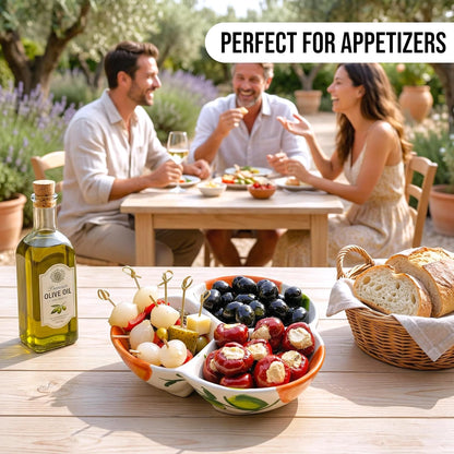 Ceramic Chip & Dip Bowl 7.5”, 3-Compartment Divided Serving Dish & Condiment Tray for Appetizers – Handmade in Spain, Lead-Free Glaze, Microwave, Oven & Dishwasher Safe