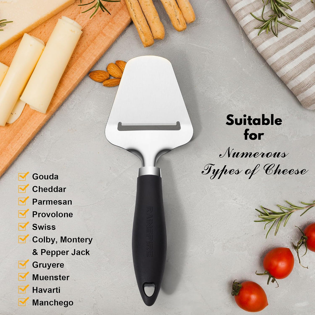 Rainspire Upgraded Non-Stick Cheese Slicers for Block Cheese Multi-Functional Cheese Cutter for Mozzarella, Cheddar, Gruyere Charcuterie Accessories Dishwasher Safe Kitchen Tools, Black