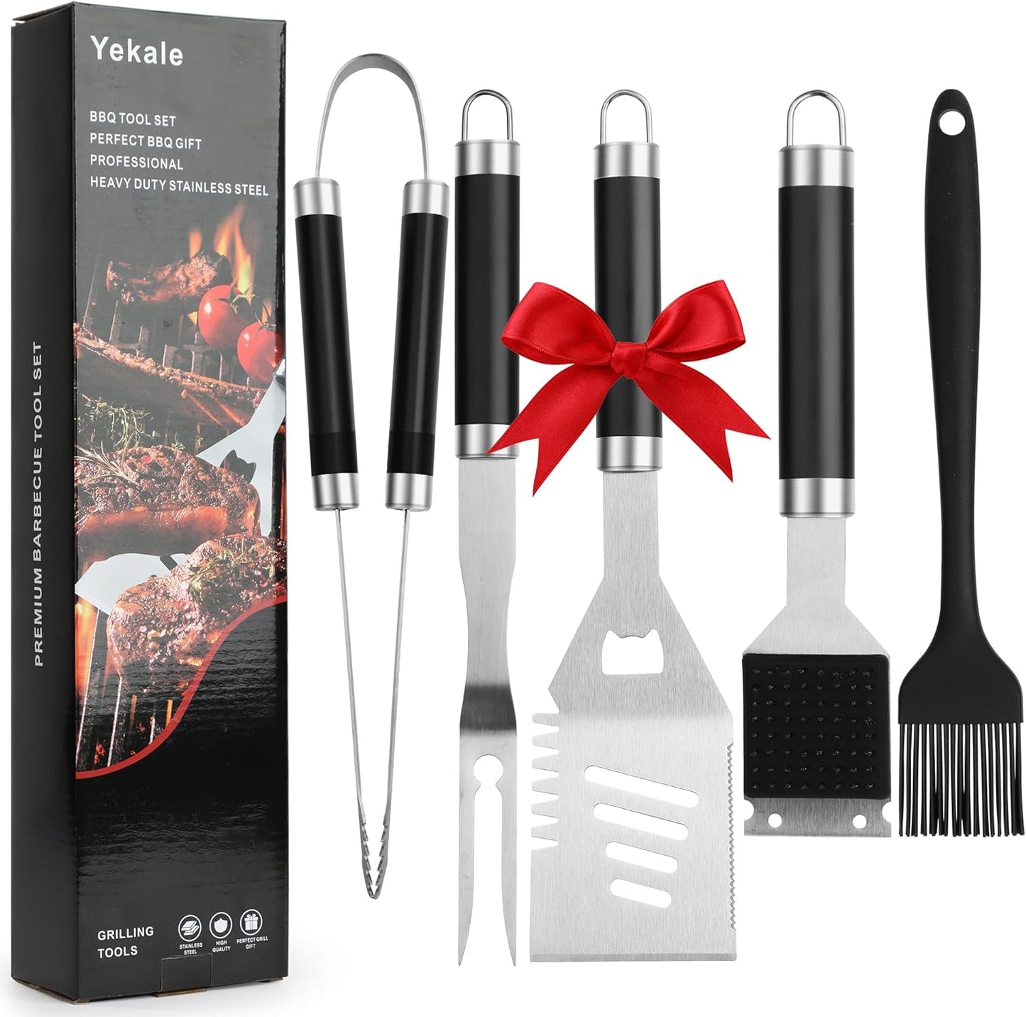 Yekale BBQ Grill Accessories Set, Grill Tools Grilling Accessories Grilling Gifts for Men - Spatula, Fork, Brush, Tongs & Cleaning Brush - Outdoor Barbecue Utensils Gifts for Men Dad Him (Sliver)