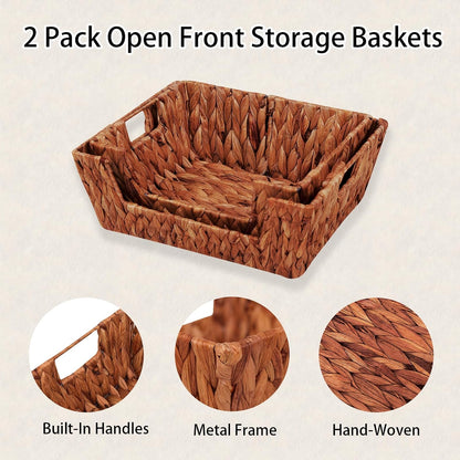 Wicker Storage Baskets,Open Front Storage Baskets with Built-in Handles, Pantry Storage Bins for Kitchen, Bedroom, Bathroom, Home Decor-2 Pack