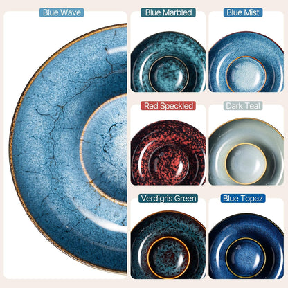 Ceramic Chips and Dip Serving Tray - Large Divided Party Bowl Set for Salsa, Veggies, Fruit & Snacks - Modern Minimalist Appetizer Platter with Unique Kiln-Change Glaze (Verdigris Green)