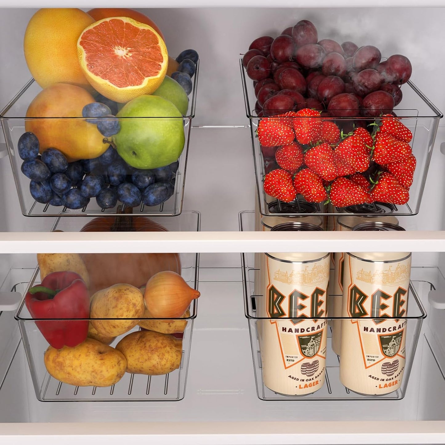 STARLATTA Kitchen Organizers and Storage Bins with Removable Dividers，8 Pack Clear Plastic Storage Bins，Fridge Organizer Bins Pantry Storage Containers for Fruits,Snacks,Tea Packets,Spice Packets