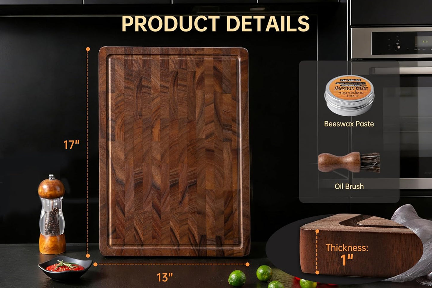 THETCHRY Teak Wood Cutting Board Set of 3 Wooden Cutting Boards for Kitchen | Premium Teak Wood • FSC Certified • Deep Juice Groove • Built-In Handles • Non-Slip Feet • 3 Practical Sizes • Gift-Ready Box