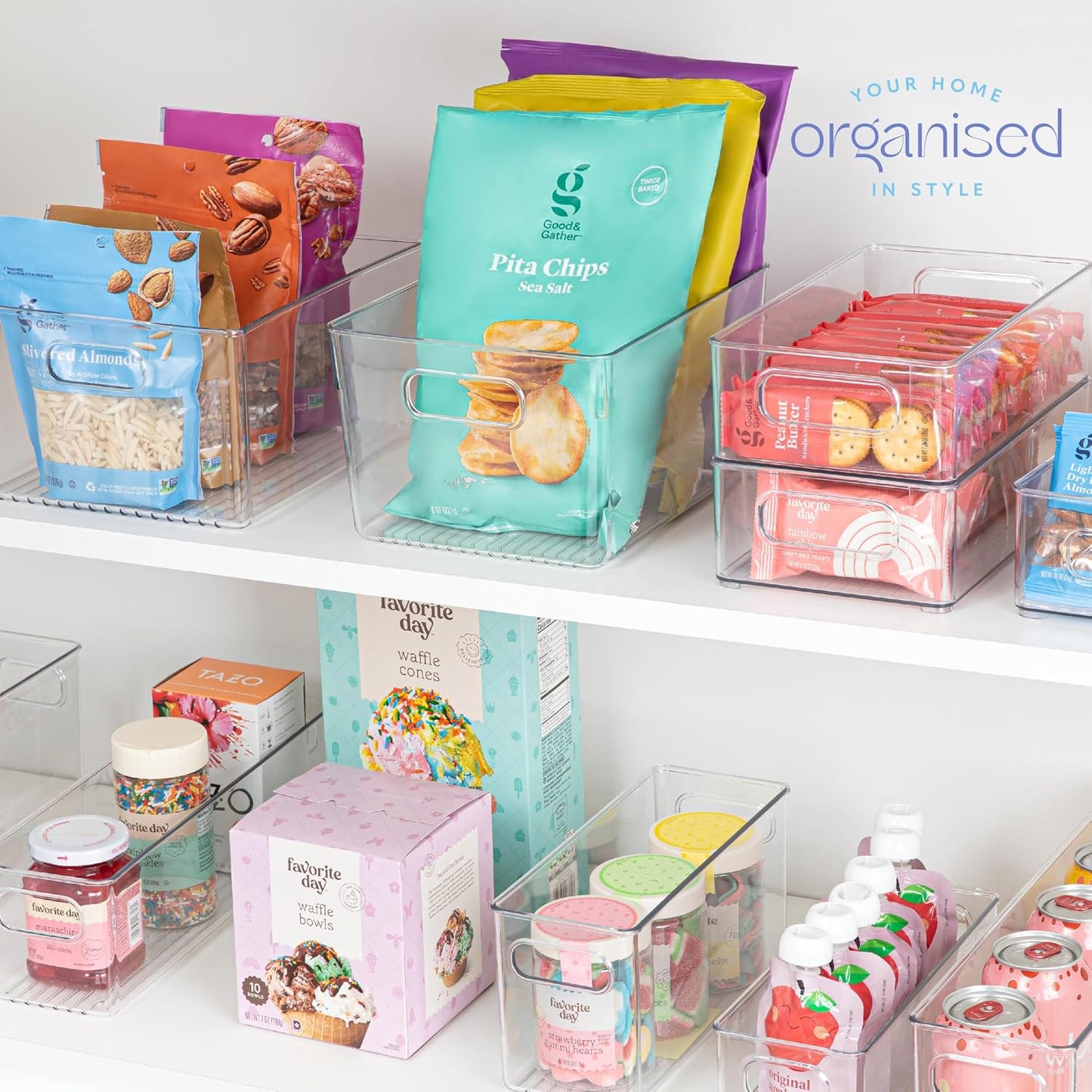 Plastic Food Storage 4 Pack Clear Container Bin with Handles for Organizing Kitchen, Pantry, Refrigerator, Freezer, Pantry, Cabinet, Closet, Bathroom. Stackable 10”x6”x3”