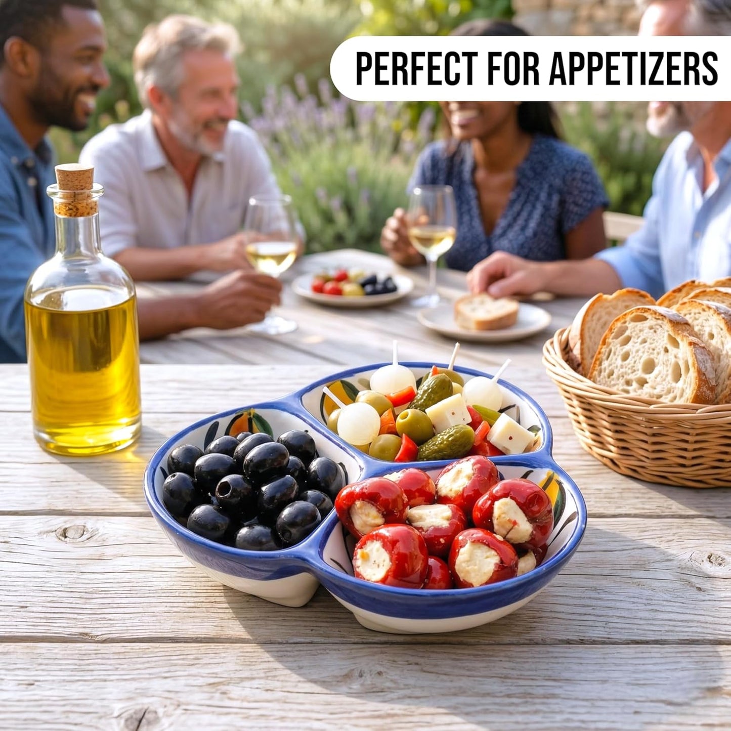 Ceramic Chip & Dip Bowl 7.5”, 3-Compartment Divided Serving Dish & Condiment Tray for Appetizers – Handmade in Spain, Lead-Free Glaze, Microwave, Oven & Dishwasher Safe