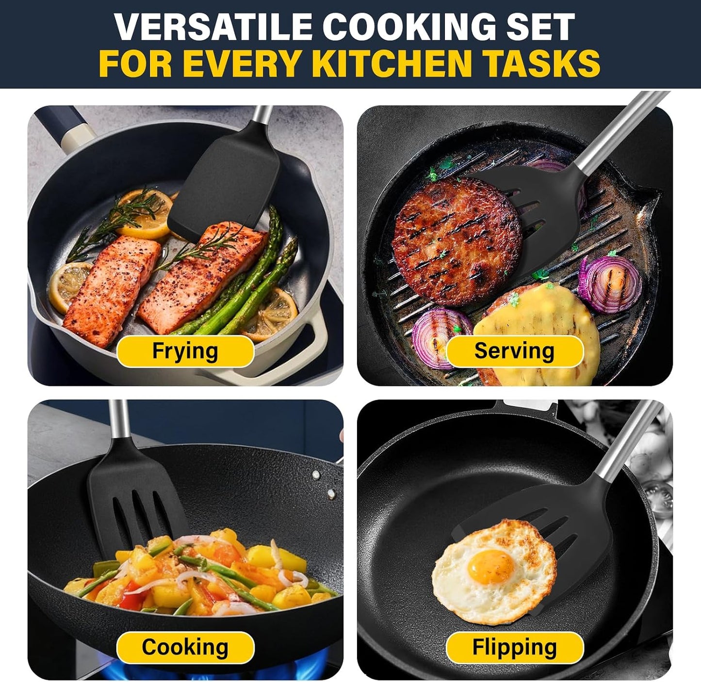 Silicone Spatula Set, Heat Resistant Solid & Slotted Turner for Non-Stick Pans, Silicone Cooking Utensils Set, BPA-Free, Flexible Spatula Turner for Flipping Eggs, Burgers, Pancakes, Black, 3 PCS-A