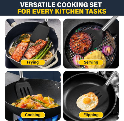 Silicone Spatula Set, Heat Resistant Solid & Slotted Turner for Non-Stick Pans, Silicone Cooking Utensils Set, BPA-Free, Flexible Spatula Turner for Flipping Eggs, Burgers, Pancakes, Black, 3 PCS-A