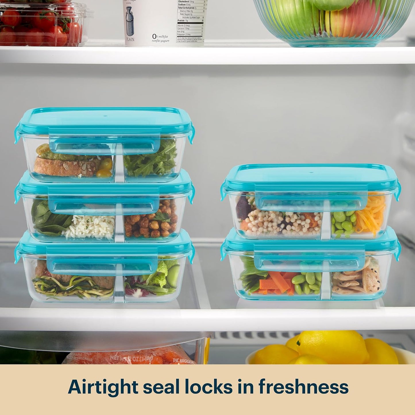 Pyrex Glass Meal Box (5-Pack, 2.3 Cup) Divided Compartments with Locking Lids, For Meal Prepping and Portioning, BPA Free Microwave Dishwasher Safe