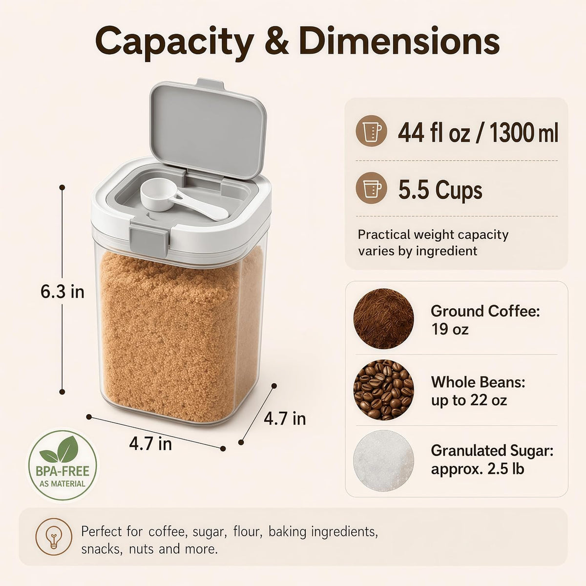 Airtight Brown Sugar Container with Spoon - 27 Fl Oz (800ml) Clear Storage Jar for Pantry - BPA-Free AS Material Perfect for Ground Coffee (Holds 12 oz Weight), Beans, Flour & Tea