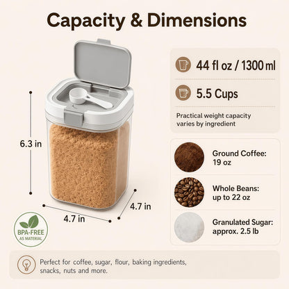 Airtight Brown Sugar Container with Spoon - 27 Fl Oz (800ml) Clear Storage Jar for Pantry - BPA-Free AS Material Perfect for Ground Coffee (Holds 12 oz Weight), Beans, Flour & Tea