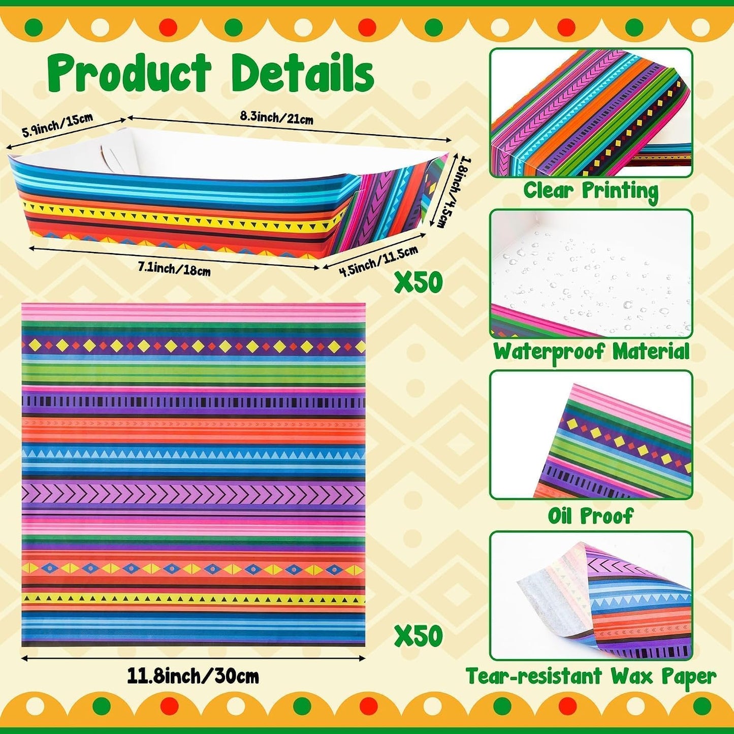 Mexican Taco Nights Food Trays 120Pcs Mexican Wax Paper Deli Nacho Popcorn Assembled Trays Snack Candy Holder Disposable Plate Holiday Birthday Carnival Party Supplies Food Containers
