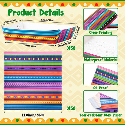 Mexican Taco Nights Food Trays 120Pcs Mexican Wax Paper Deli Nacho Popcorn Assembled Trays Snack Candy Holder Disposable Plate Holiday Birthday Carnival Party Supplies Food Containers