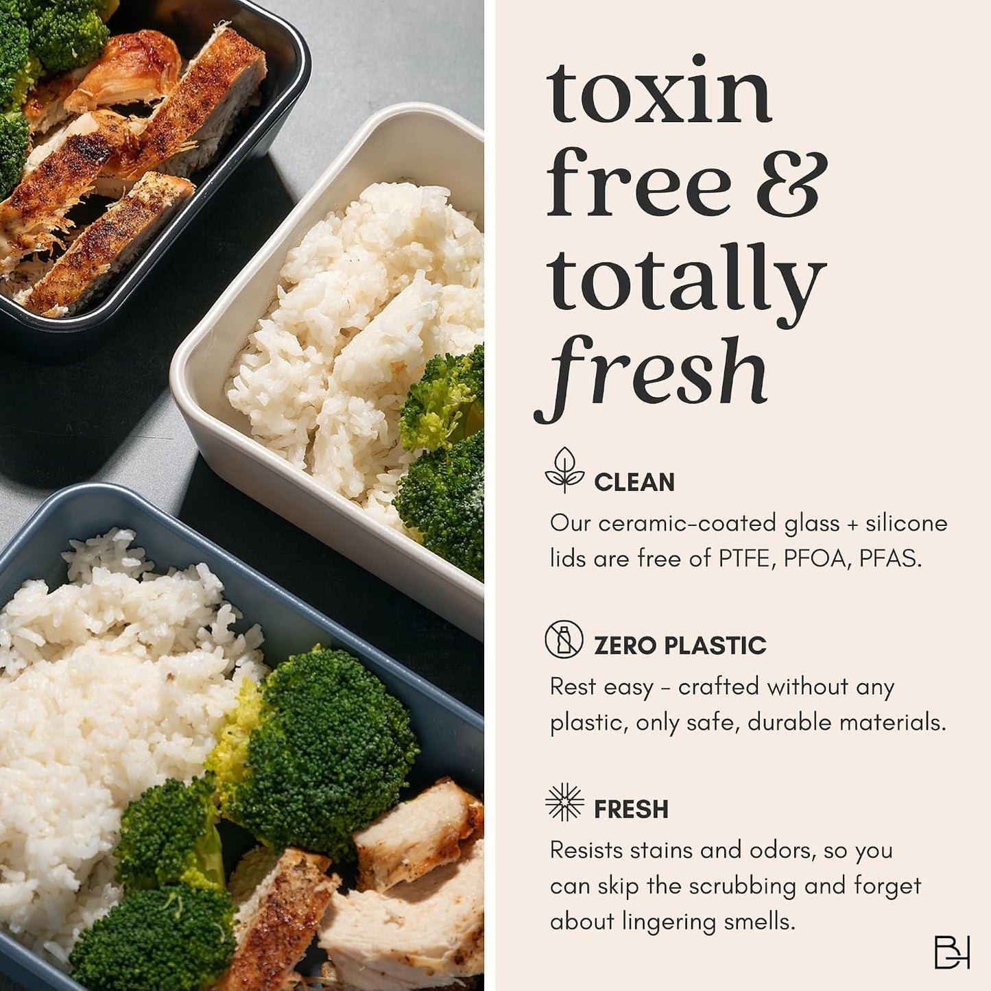 Ceramic Coated Glass Food Storage Container | No PTFE, PFOA, PFAS, and BPA | Reusable Non Toxic Meal Prep Container with Glass Lid | Easy To Store | 3 Cup Rectangle [Onyx]