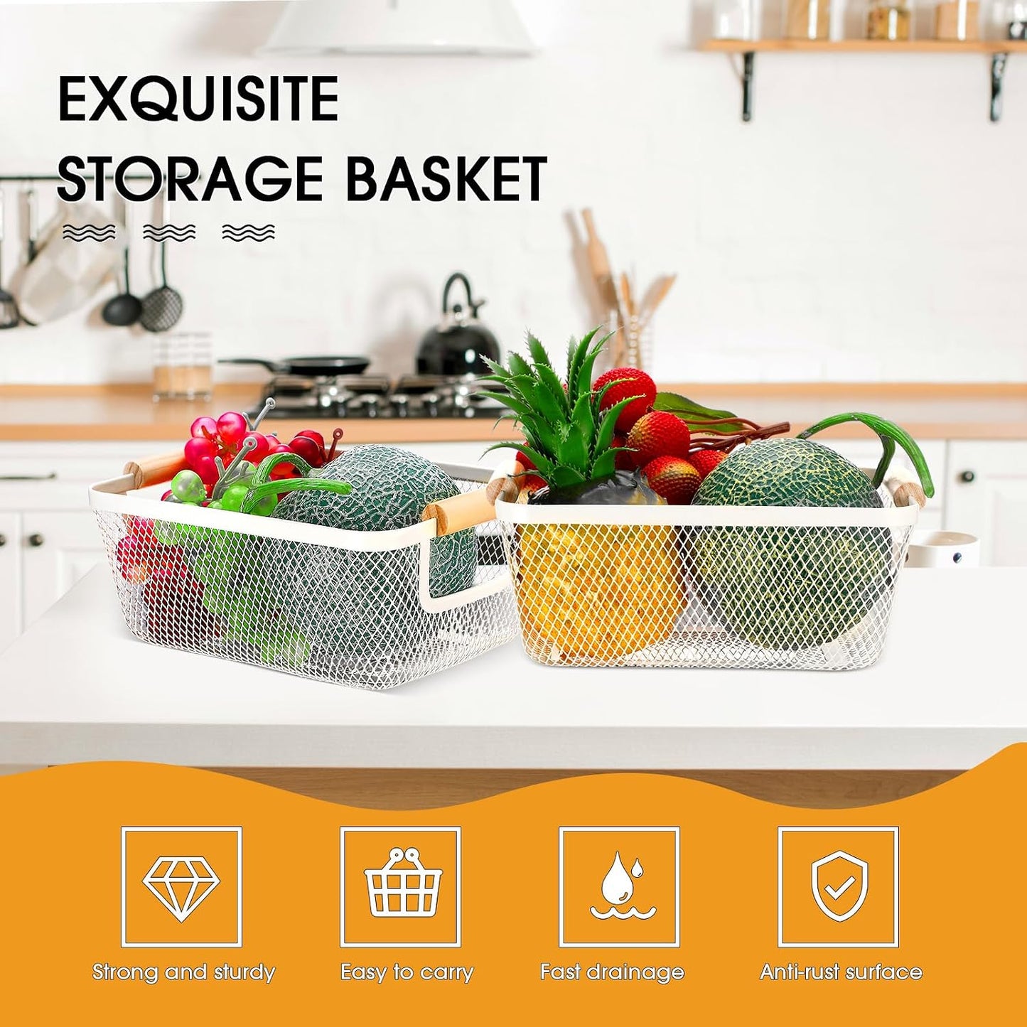 Ziliny 4 Pcs Metal Mesh Wire Baskets with Wooden Handles for Organizing, Pantry Organizers and Storage Steel Bin Kitchen Baskets for Fruit Potato Onion Snacks Bathroom Cabinet(Medium,Cream White)
