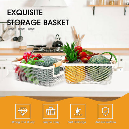 Ziliny 4 Pcs Metal Mesh Wire Baskets with Wooden Handles for Organizing, Pantry Organizers and Storage Steel Bin Kitchen Baskets for Fruit Potato Onion Snacks Bathroom Cabinet(Medium,Cream White)