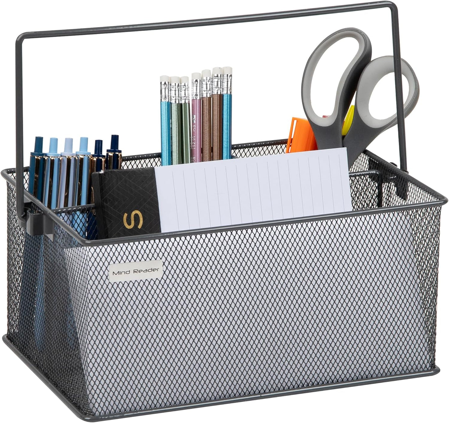 Mind Reader Multi-purpose Storage Caddy with Handle, Desktop Organizer, Cutlery Holder, 4 Compartments, Metal Mesh, Black