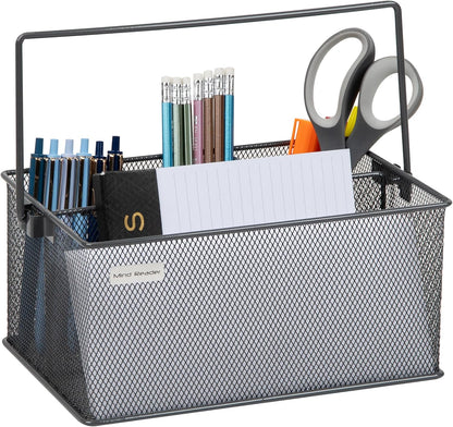 Mind Reader Multi-purpose Storage Caddy with Handle, Desktop Organizer, Cutlery Holder, 4 Compartments, Metal Mesh, Black