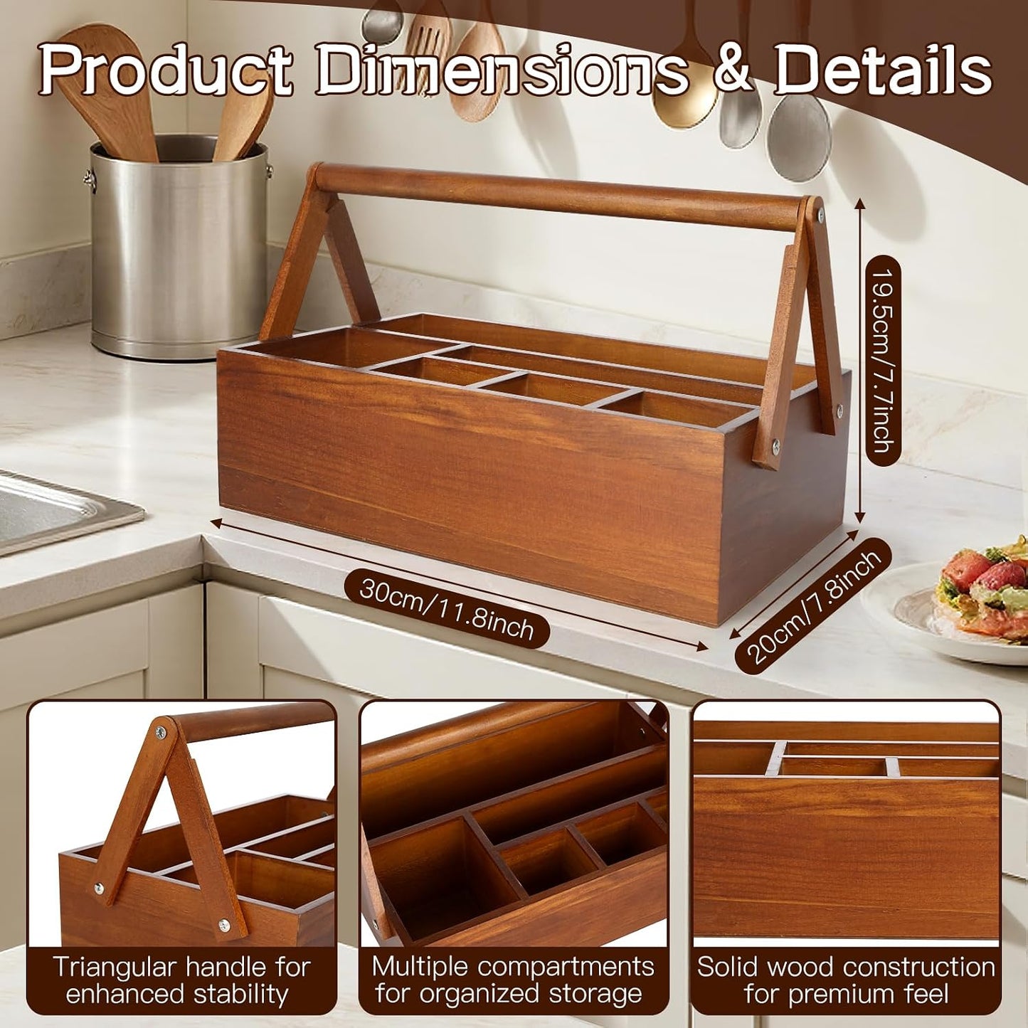 6 Compartments Paper Plate Organizer with Handle for Countertop, Wood Silverware Caddy for Cup, Napkin, Fork and Spoon, Dispenser Stand and Utensil Holder, Cutlery Caddy for Party, Camping, Picnic