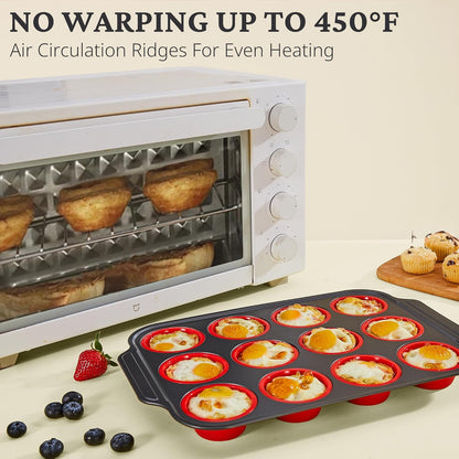 BRONYPRO Silicone Muffin Pans for Baking with Metal Frame, Egg Bite Molds, Cupcake Pans 12 Regular Size, Muffin Tins Easy to Pop Nonstick Non Toxic Bakeware for Oven,Blue