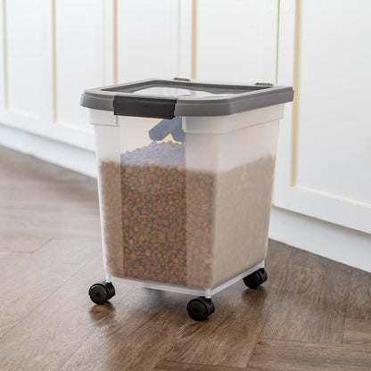 IRIS USA Airtight Dog Food Storage Container, WeatherPro, Up to 25 lbs, Removable Wheels, for Dog Cat Bird and Other Pet Food Storage Bin, Keep Fresh, Translucent Body, Made in USA, Clear/Black