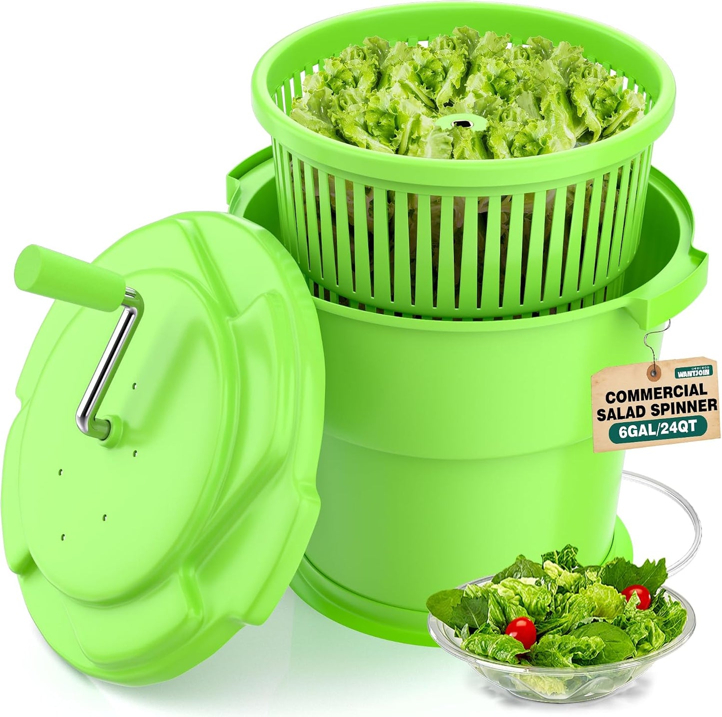 WantJoin Commercial Salad Spinner - [6 Gallon Salad Dryer] w/Silicone [Anti-slip Mat] & [Draining Hose], 24Qt Manual Salad Spinner for up to 7 Heads of Lettuce Spinner Large for Catering, Orange