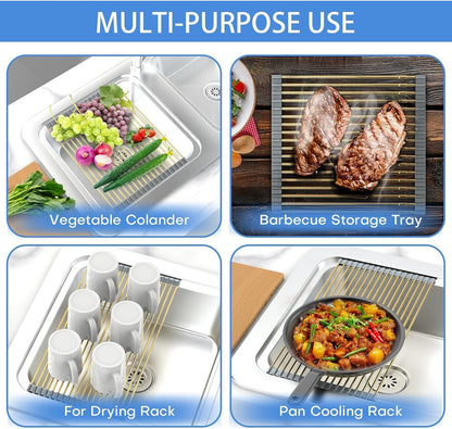Expandable Roll Up Dish Drying Rack Over The Sink Rack, Foldable Dish Drainer Rack Stainless Steel for Large Sink, Silicone Rollable Collapsible Rack 18 Tube for Kitchen(Sliver,12.8'' to 21.25”)