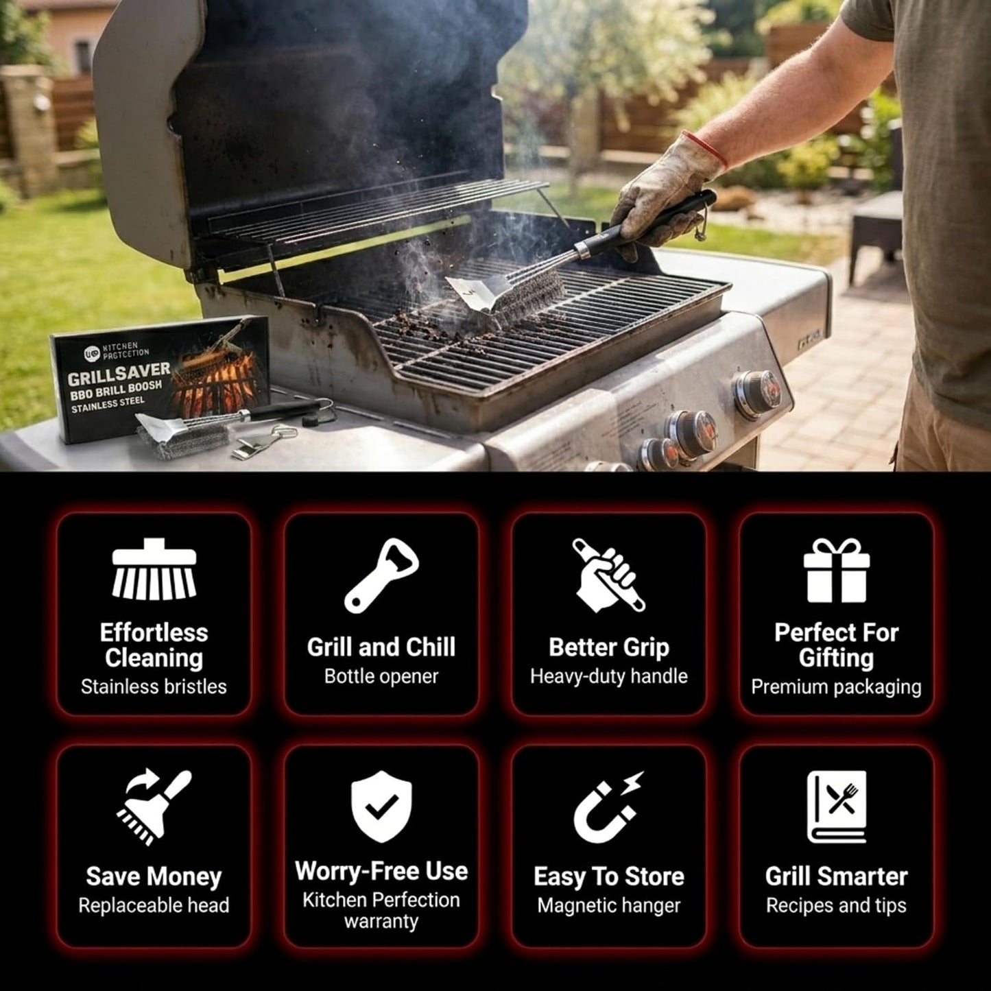 KITCHEN PERFECTION GrillSaver - Safe BBQ Grill Brush for Outdoor Grill with Replaceable Cleaning Head -Heavy-Duty Grill Cleaner with Scraper for All Grates +2 Bonuses -Best Grilling Gifts for Men