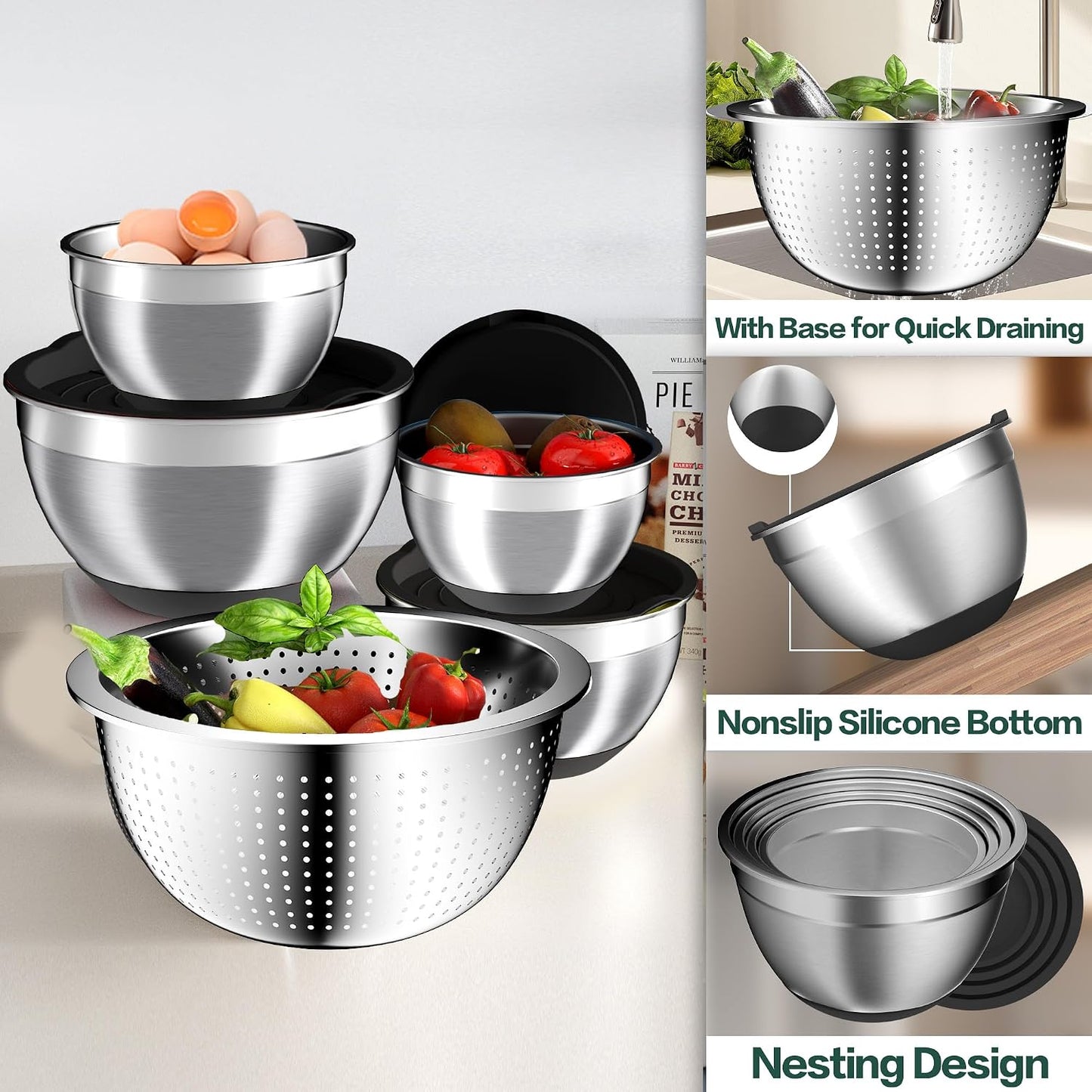 Mixing Bowls with Lids Set, 16PCS Stainless Steel Mixing Bowls,Nesting Storage Bowls for Kitchen with Mixing Bowls Set, Colander, Strainer & Grater , Metal Salad Bowl for Kitchen Gadgets , Cream