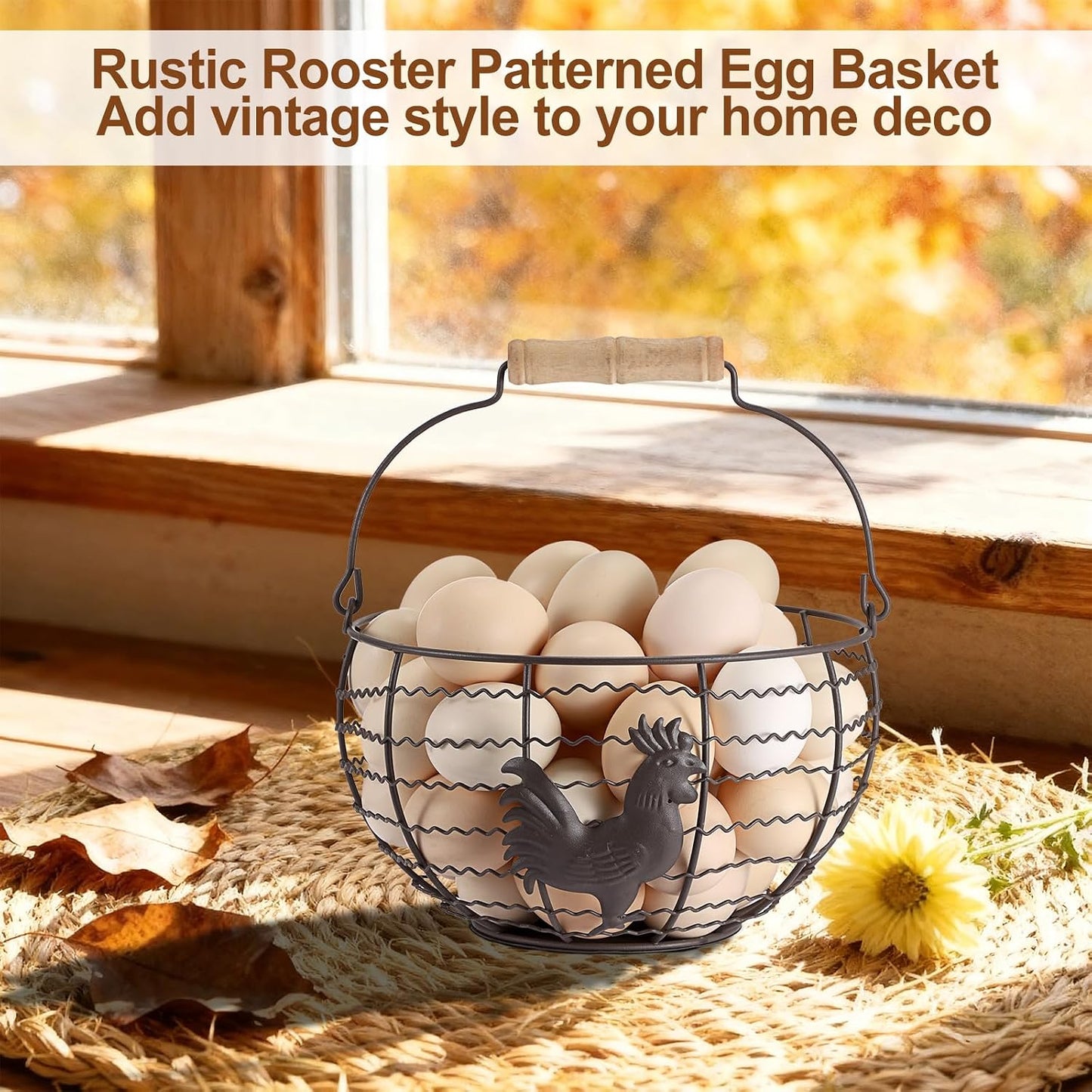 3 PCS 8’’ Farmhouse Egg Collecting Basket with Wood Handle, Rustic Metal Wire Chicken Eggs Holder Basket for Countertop Kitchen, Wire Egg Basket Vintage Style, Round, Rooster Pattern