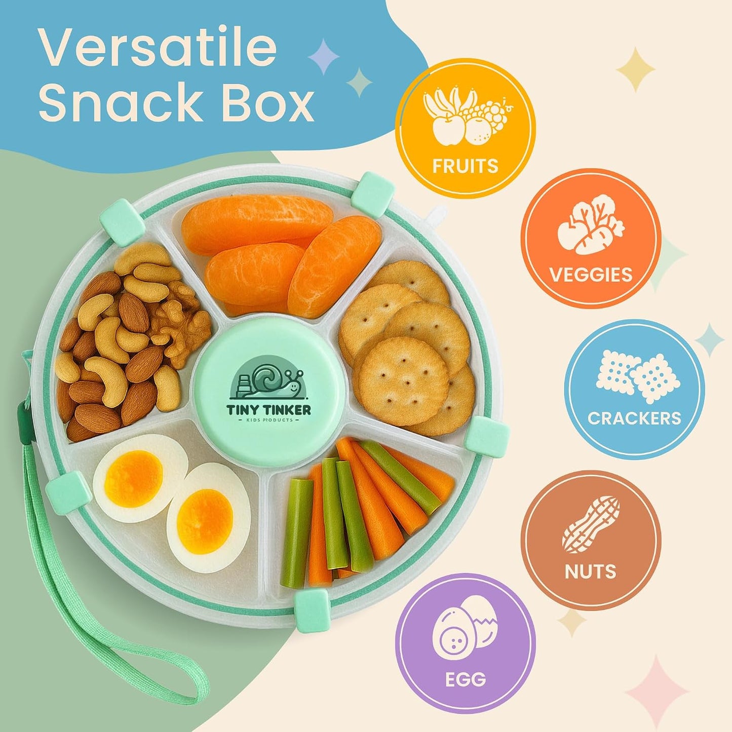 Snack Container for Toddlers with Lid, 5-Compartment BPA-Free Toddler Snack Spinner – Non Toxic, Leak-Proof, Easy Open, Dishwasher Safe Travel Snack Box for Toddlers (Mint Green)