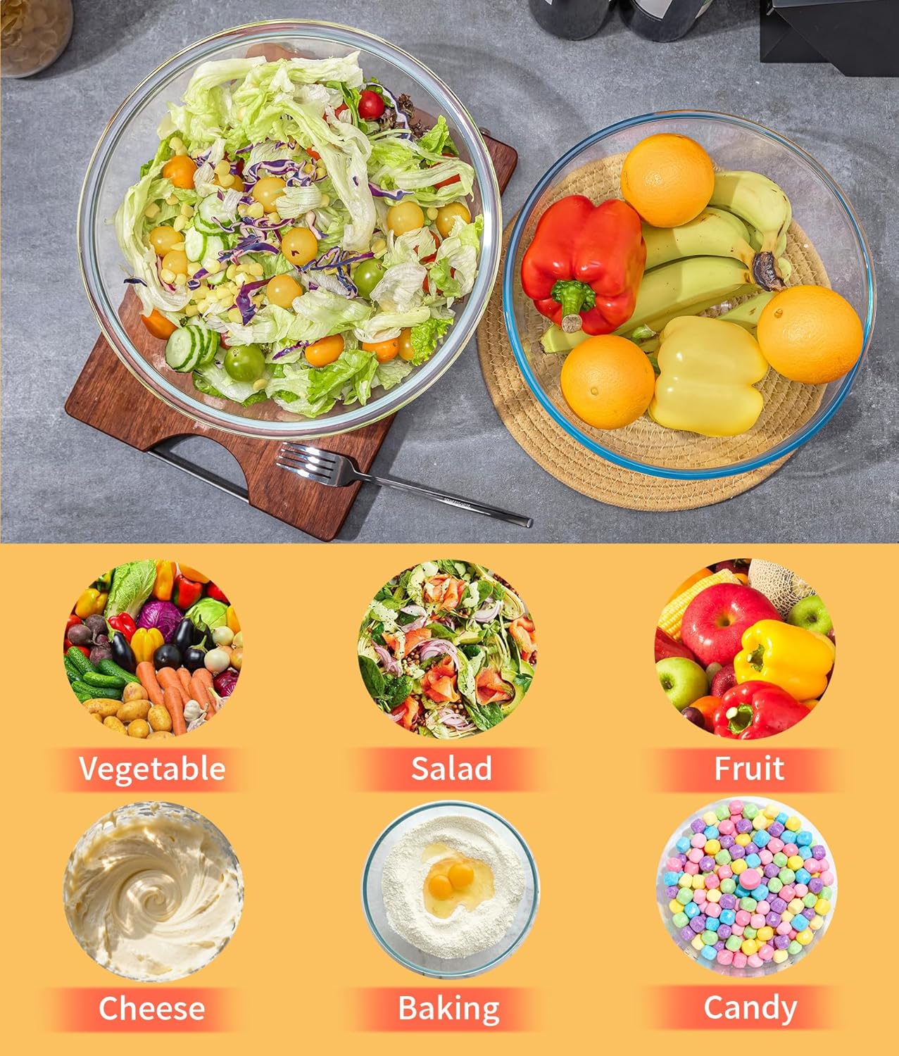 4.7Qt Large Glass Mixing Bowl with Lid, Clear Large Salad Bowls with Airtight Bamboo Lid & Handle,Thickened Glass Big Mixing Bowls Cooking Bowl for Serving, Food Prep, Kitchen,Borosilicate Glass
