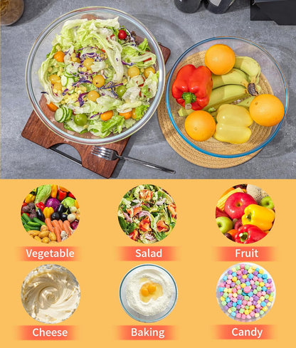 4.7Qt Large Glass Mixing Bowl with Lid, Clear Large Salad Bowls with Airtight Bamboo Lid & Handle,Thickened Glass Big Mixing Bowls Cooking Bowl for Serving, Food Prep, Kitchen,Borosilicate Glass