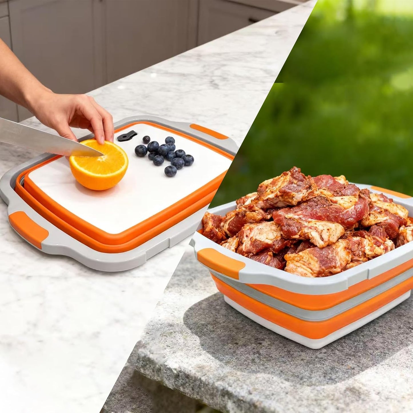 Collapsible Cutting Board with BBQ Prep Tub and Lid, Foldable Food Prep Container for Meal Prep, Marinating, Food Storage, Grilling, Camping and Outdoor Cooking, Dishwasher Safe, Black XX-Large