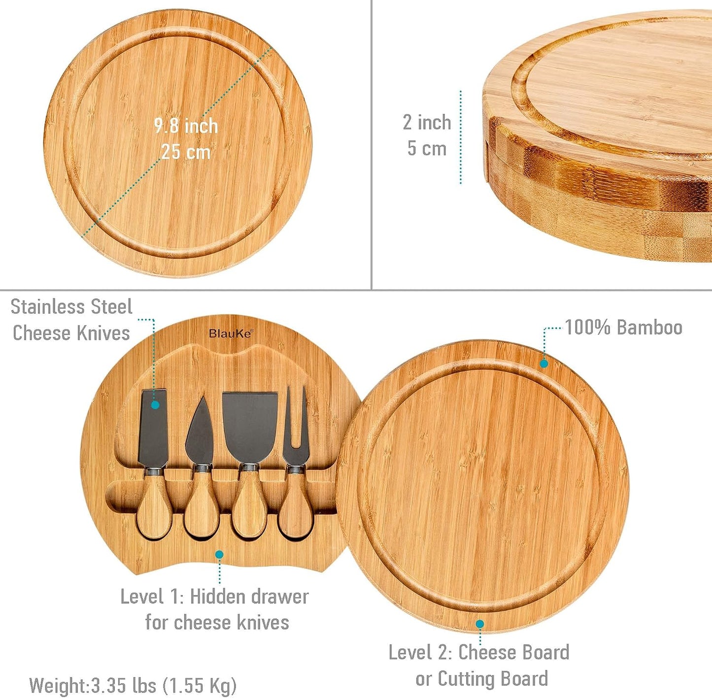 Bamboo Cheese Board and Knife Set – 14 inch Round Charcuterie Board, Serving Tray, Platter, Wood Cheeseboard Set with Slide-Out Drawer – BlauKe®