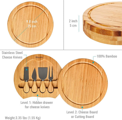 Bamboo Cheese Board and Knife Set – 14 inch Round Charcuterie Board, Serving Tray, Platter, Wood Cheeseboard Set with Slide-Out Drawer – BlauKe®