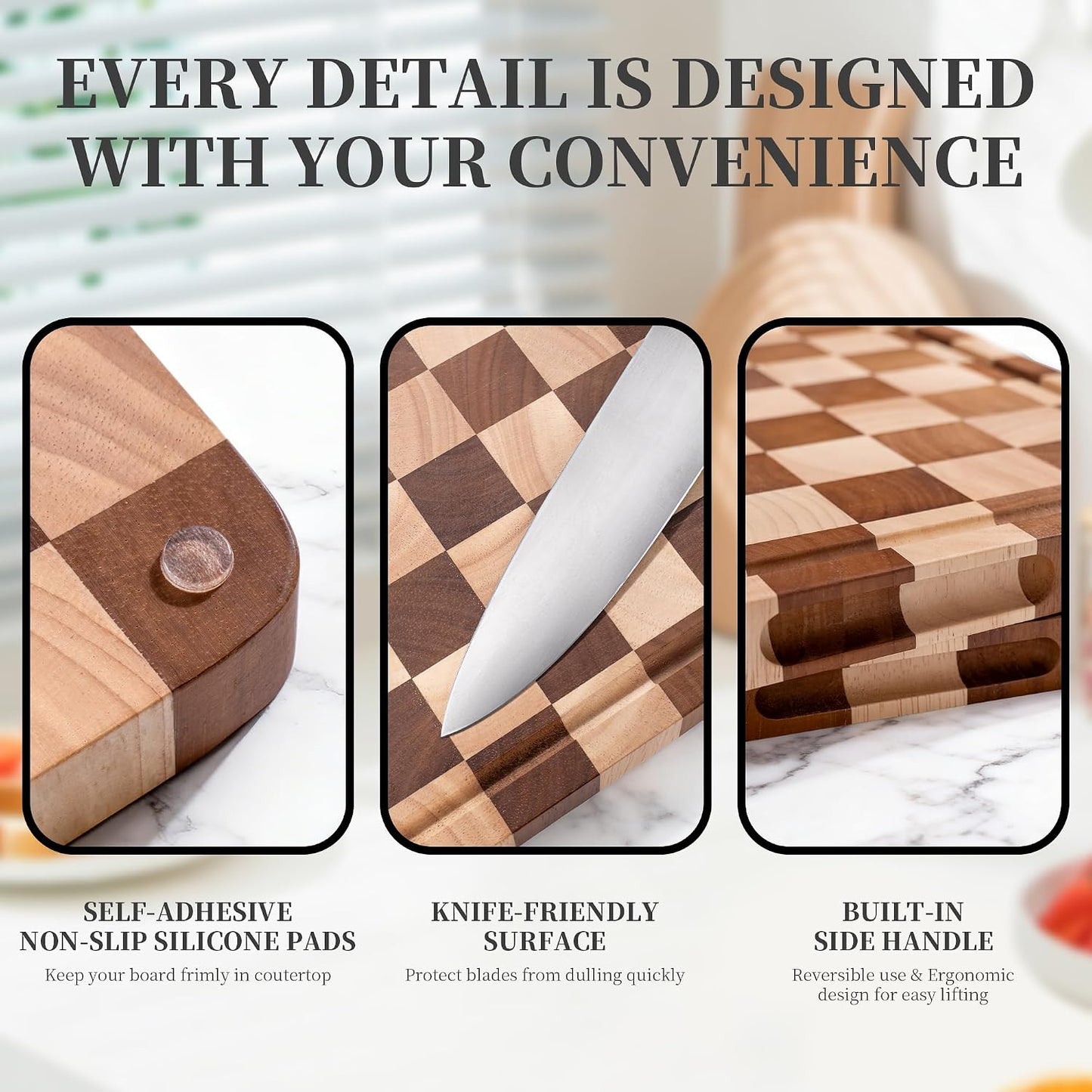 WILLKOMMEN Checkered Cutting Board Set, 3-Piece Wood Checkerboard End Grain Chopping Boards with Holder & Juice Groove Wooden Kitchen Cutting Board for Cooking and Serving (S, M, L)