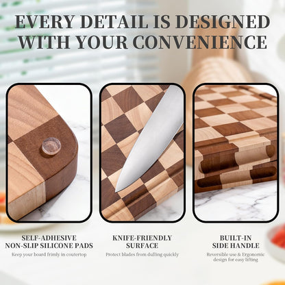 WILLKOMMEN Checkered Cutting Board Set, 3-Piece Wood Checkerboard End Grain Chopping Boards with Holder & Juice Groove Wooden Kitchen Cutting Board for Cooking and Serving (S, M, L)