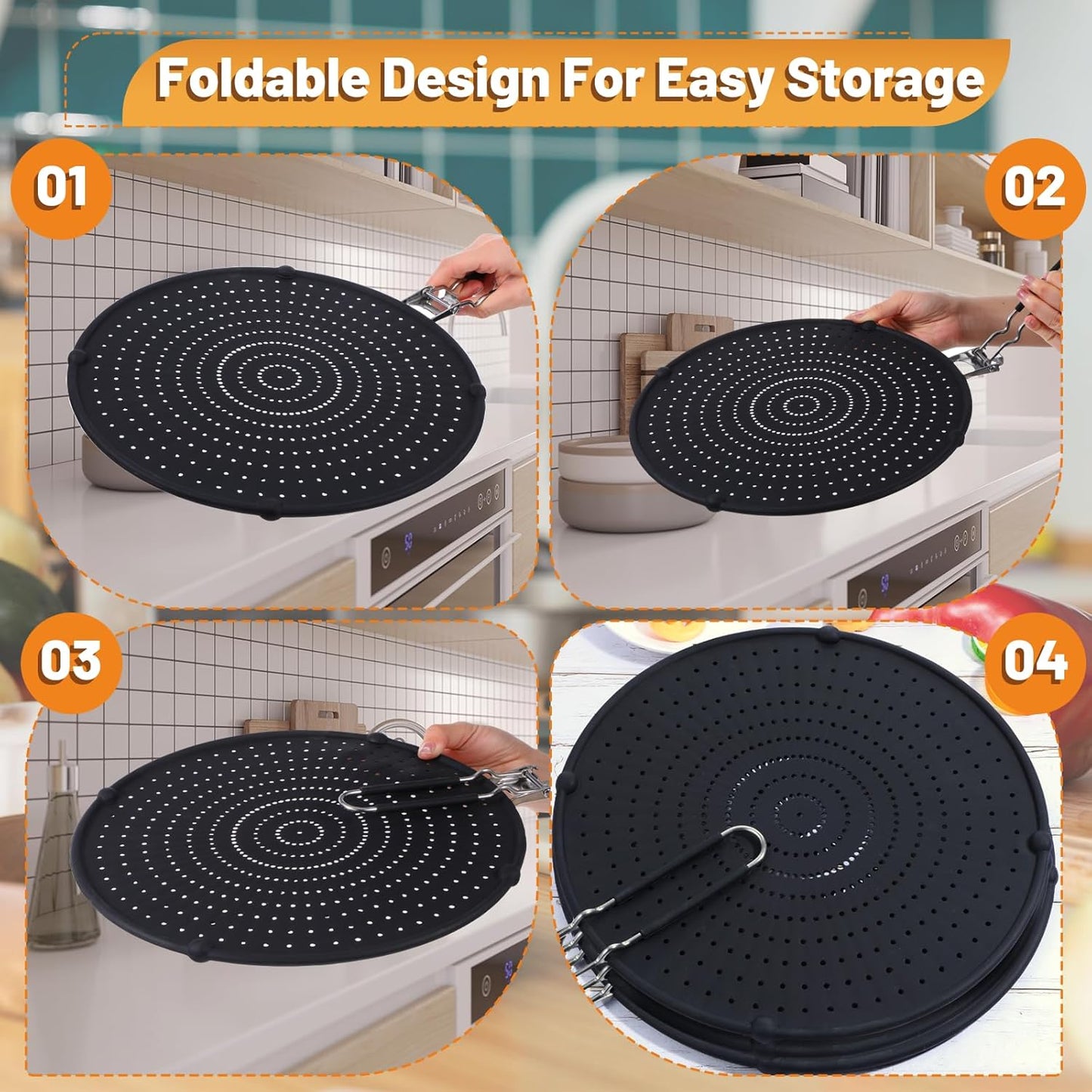 3 Pcs Silicone Splatter Screen for Frying Pan Grease Oil Splatter Foldable Splash Guard Heat Resistant Multi Use for Baking and Cooking(Black)