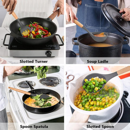 Kitchen Cooking Utensils Set, 6Pcs Silicone Kitchen Utensils Set Spatula Spoon Soup Ladle Turner, Heat Resistant Wooden Handle Silicone Cooking Gadgets for Nonstick Cookware & Baking BPA FREE