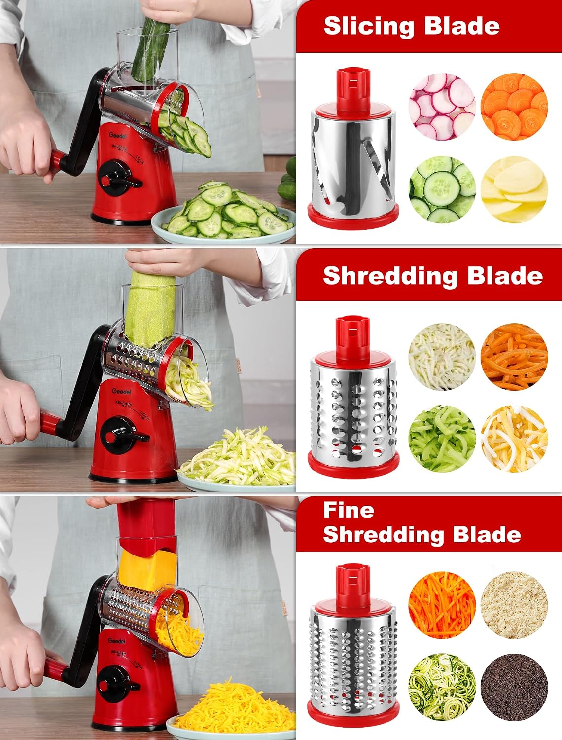 Geedel Rotary Cheese Grater, Kitchen Mandoline Vegetable Slicer with 3 Interchangeable Blades, Easy to Clean Rotary Grater Slicer for Cheese, Vegetables, Nuts