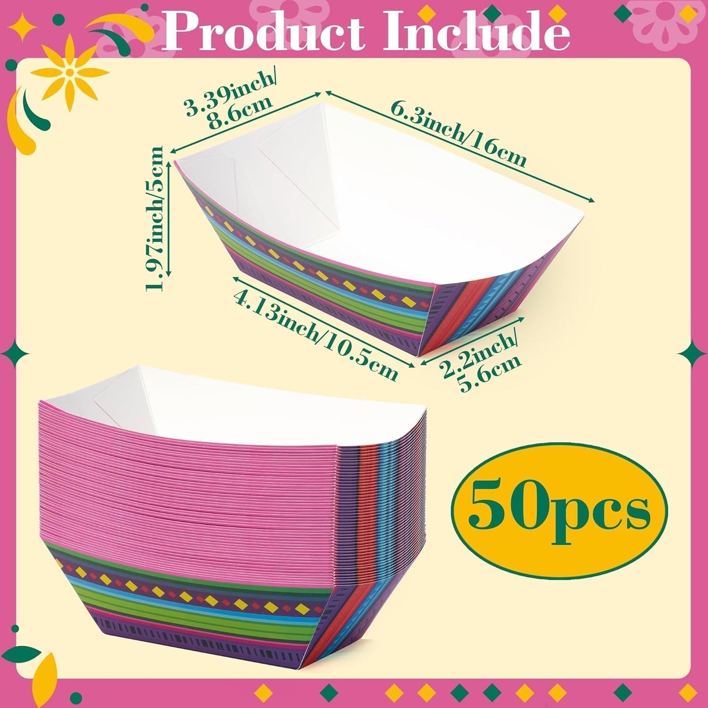 Mexican Taco Nights Food Trays - 50Pcs Taco Boat Assembled Trays Nacho Snack Fried chicken Holder Disposable Paper Plates Carnival Party Supplies Harvest Picnic Food Containers (Large)