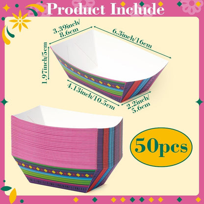 Mexican Taco Nights Food Trays - 50Pcs Taco Boat Assembled Trays Nacho Snack Fried chicken Holder Disposable Paper Plates Carnival Party Supplies Harvest Picnic Food Containers (Large)