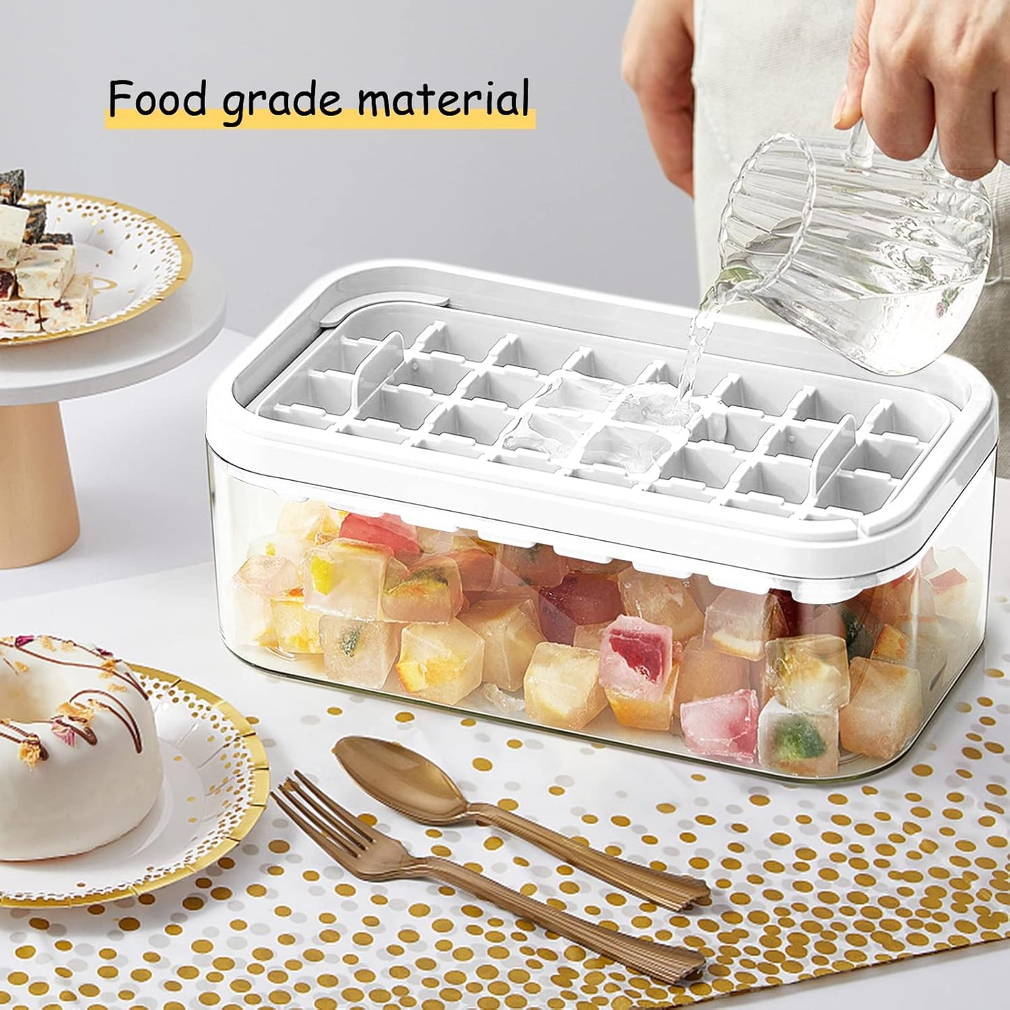 Ice Cube Tray with Lid and Bin, 2 Pack Ice Cube Trays for Freezer, 64 Pcs Ice Cube Mold, Press Button Easy Release Ice Tray, Small Ice Cubes Maker for Drinks(Green)