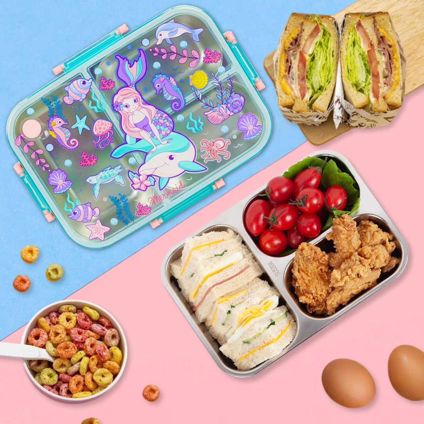 Stainless Steel Bento Lunch Box for Kids, 800ml/27oz BPA-Free Leak-Proof Food Containers with 3 Compartments, Freezer & Dishwasher Safe, Back to School Students Lunches Size for Ages 3-7