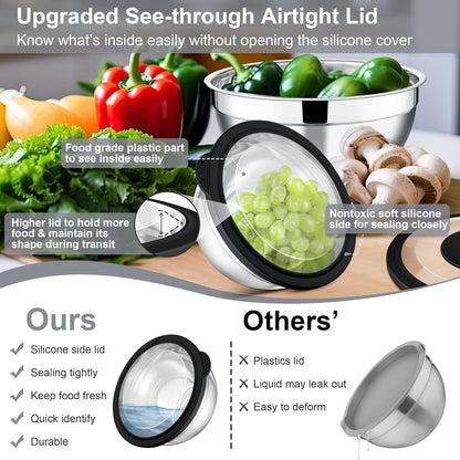 E-far Mixing Bowls Set of 5, Stainless Steel Salad Mixing Bowl with Transparent Lid, Metal Nesting Bowl Attach with 3 Graters for Kitchen Prepping/Serving/Baking/Storage, 4.6/2.6/1.5/1/0.7 QT - Black