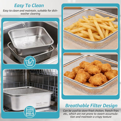Stainless Steel Colander Set, Square Strainer with Lid for Draining Vegetable Washing Rice, 2 in 1 Strainer Bowl & Food Storage Container Food Preparation Box Bowl (1500ml)