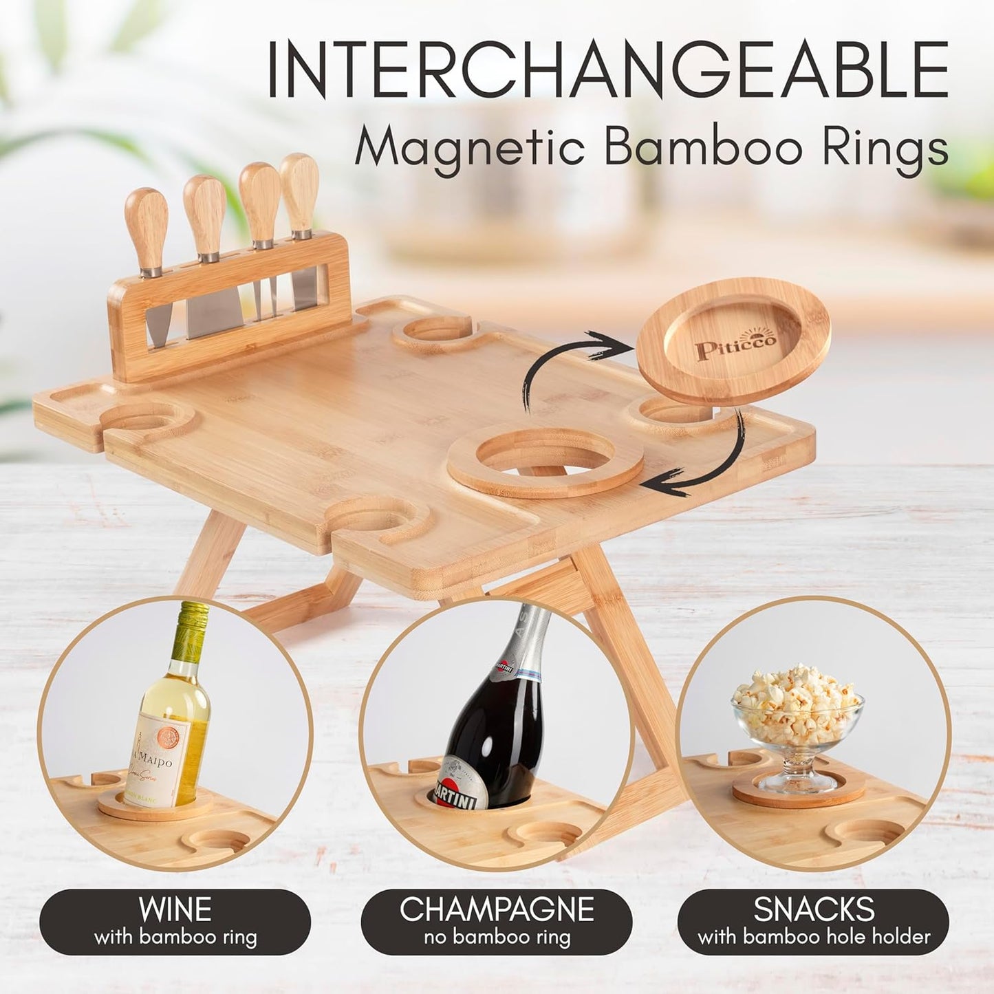 Charcuterie Picnic Table with Wine Glass Holder, Portable Wine & Cheese Board, 4-Piece Cheese Knife Set (Gold) w/Detachable Knife Stand, Bamboo Charcuterie Table, Hosting & Wine Gift