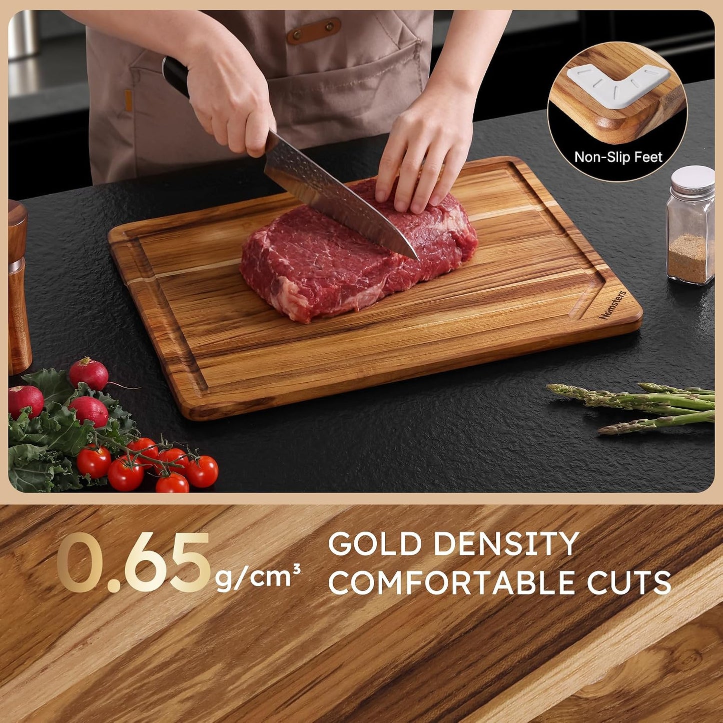 3 Pack Teak Wood Cutting Board Set with Holder Non Slip Over Sink Wooden Chopping Board for Fresh Meat Vegetable Thick Haus Perfect for Charcuterie Juice Groove Kitchen Accessories - FSC Certified
