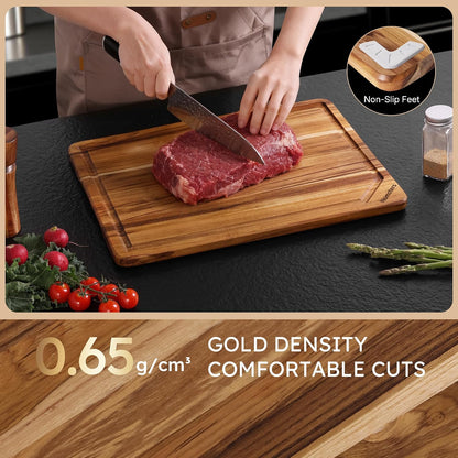 3 Pack Teak Wood Cutting Board Set with Holder Non Slip Over Sink Wooden Chopping Board for Fresh Meat Vegetable Thick Haus Perfect for Charcuterie Juice Groove Kitchen Accessories - FSC Certified